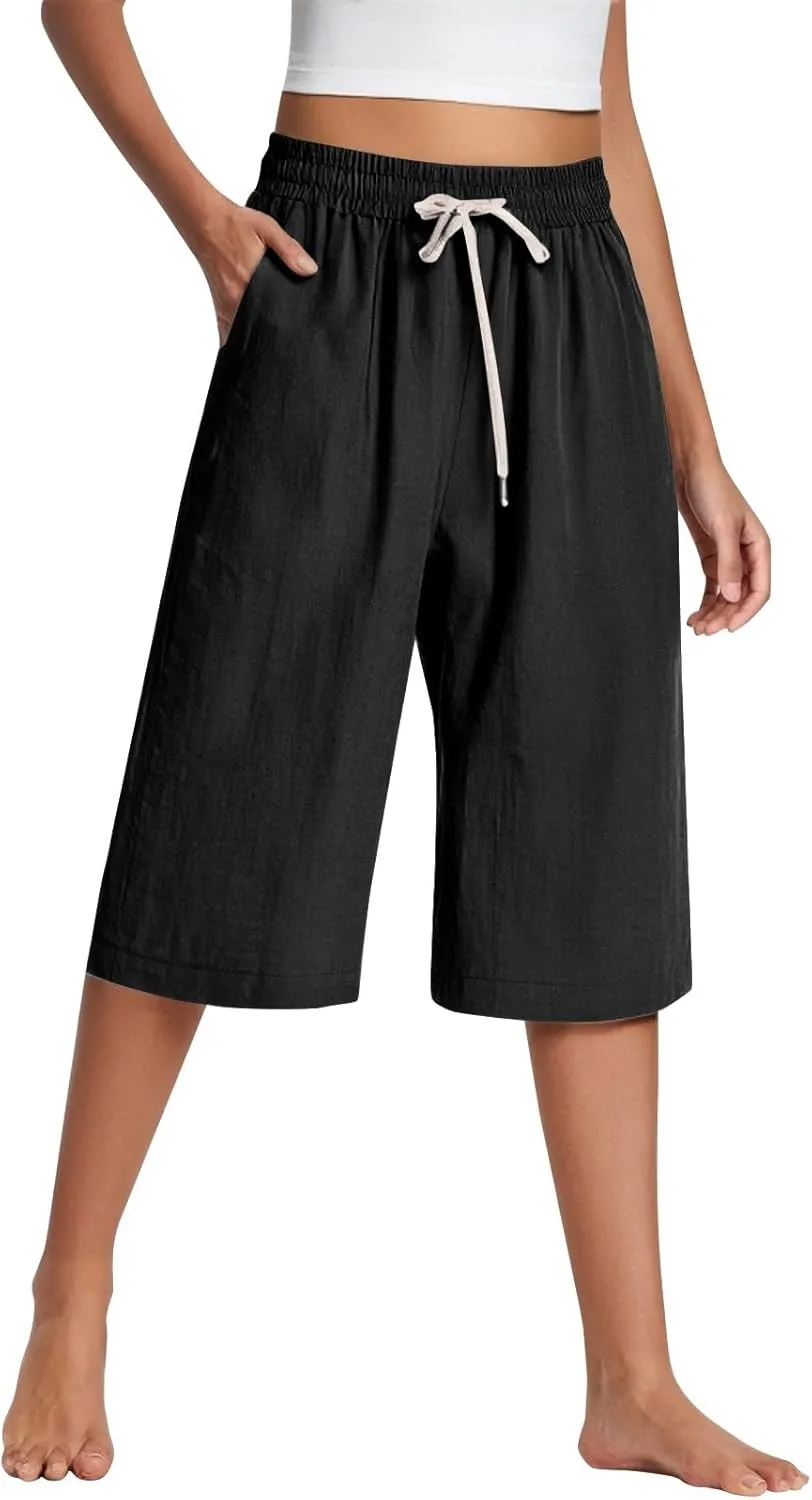 Cropped Linen Pants Women Plus Size Elastic Waist Wide Leg Lounge Pants with Pockets Comfy Summer Cotton Beach Pants