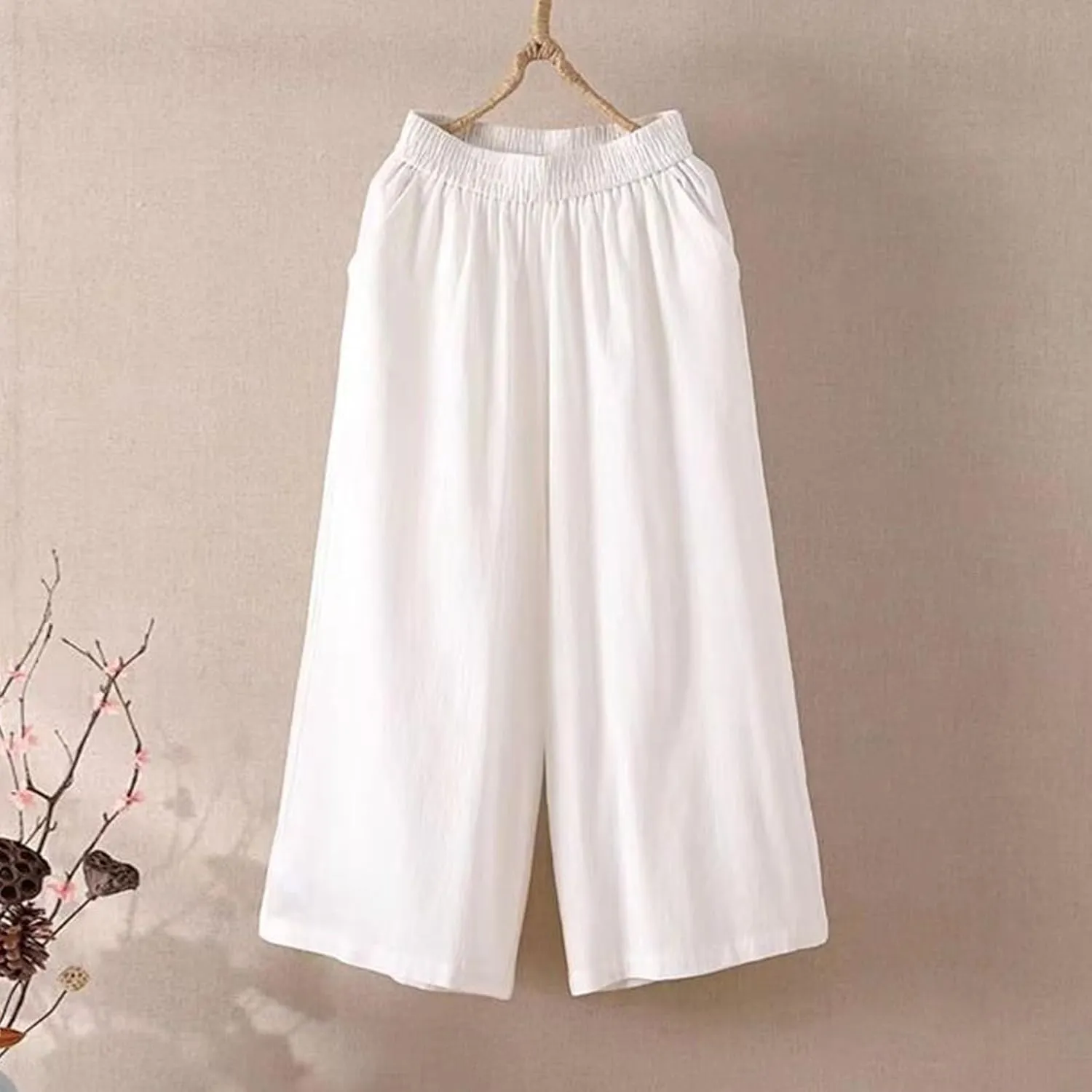 Cropped Linen Pants Women Plus Size Elastic Waist Wide Leg Lounge Pants with Pockets Comfy Summer Cotton Beach Pants