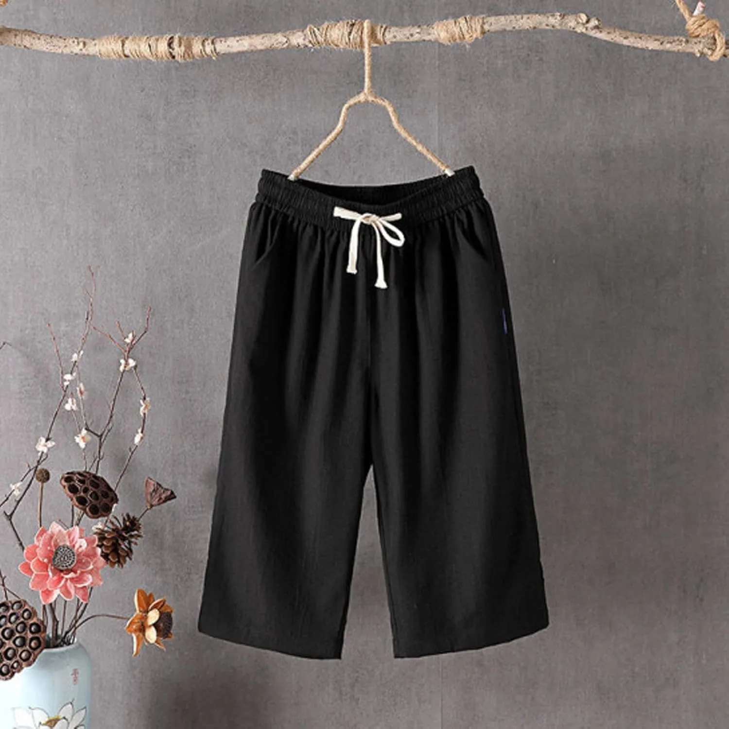 Cropped Linen Pants Women Plus Size Elastic Waist Wide Leg Lounge Pants with Pockets Comfy Summer Cotton Beach Pants
