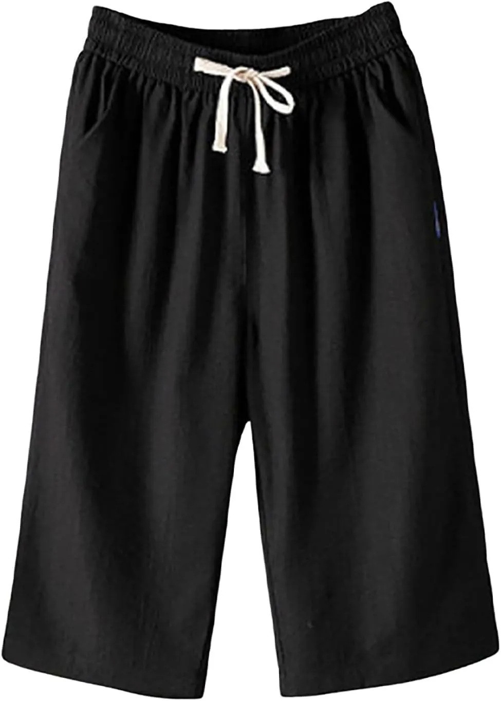Cropped Linen Pants Women Plus Size Elastic Waist Wide Leg Lounge Pants with Pockets Comfy Summer Cotton Beach Pants