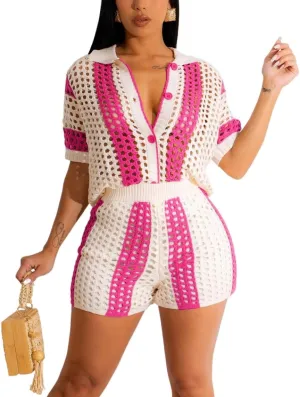 cu4eve Crochet Sets Two Piece Women Summer Causal Knit Short Sleeve Button Down Shirt and Shorts Matching Set Jumpsuit