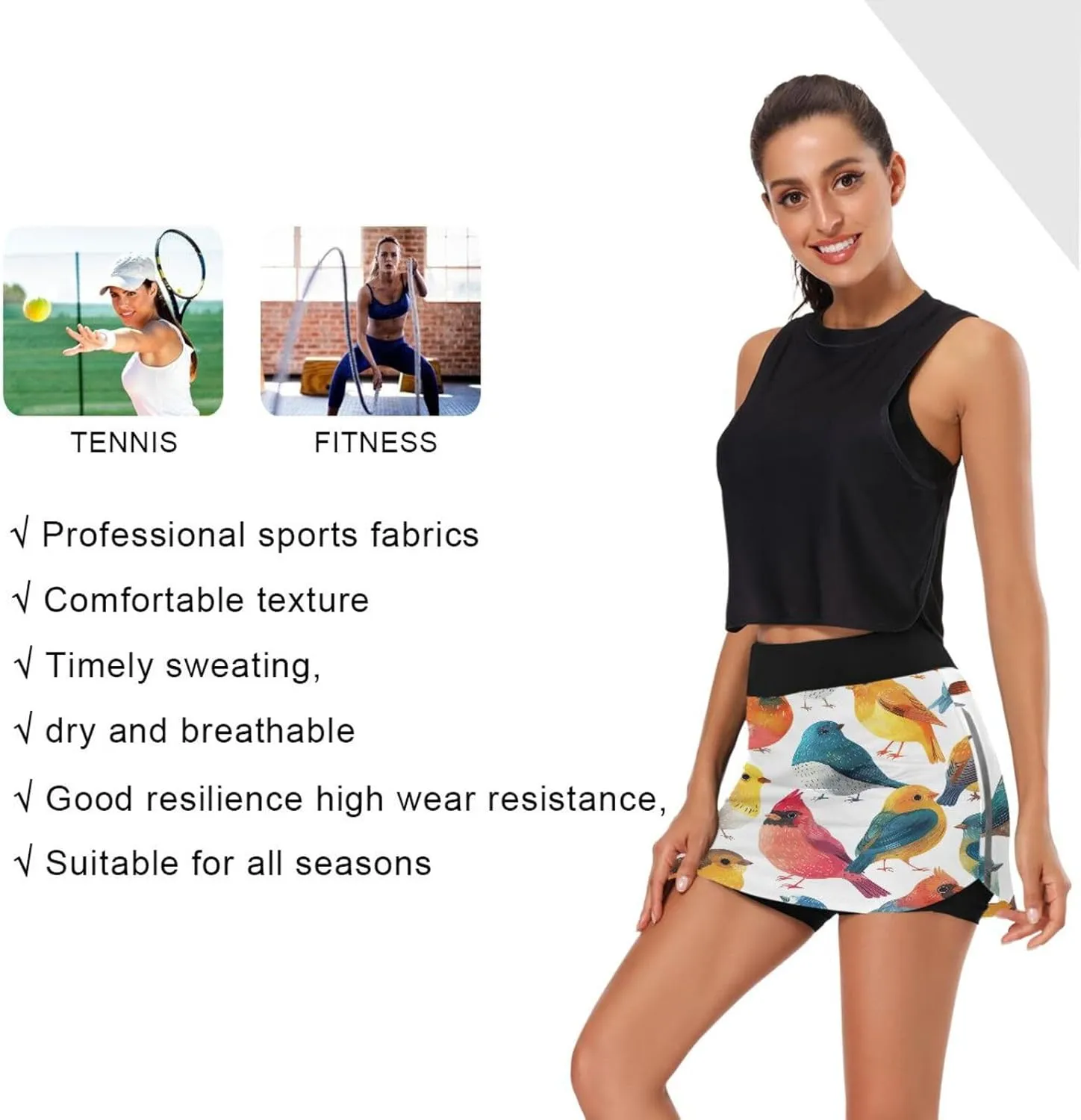 Cute Birds Colorful Tennis Skorts Skirts for Women Workout Athletic Skirt High Waisted with Pocket
