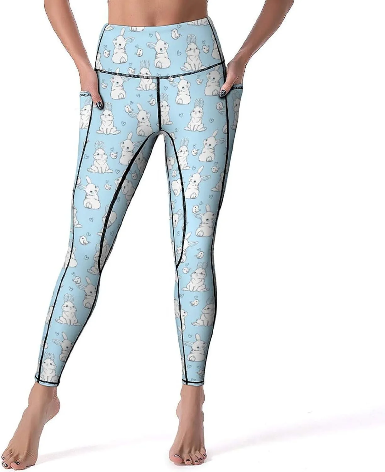 Cute Birds Floral Yoga Pants Women Tummy Control Workout Leggings with Pockets Stretchy High Waist Work Casual Pants