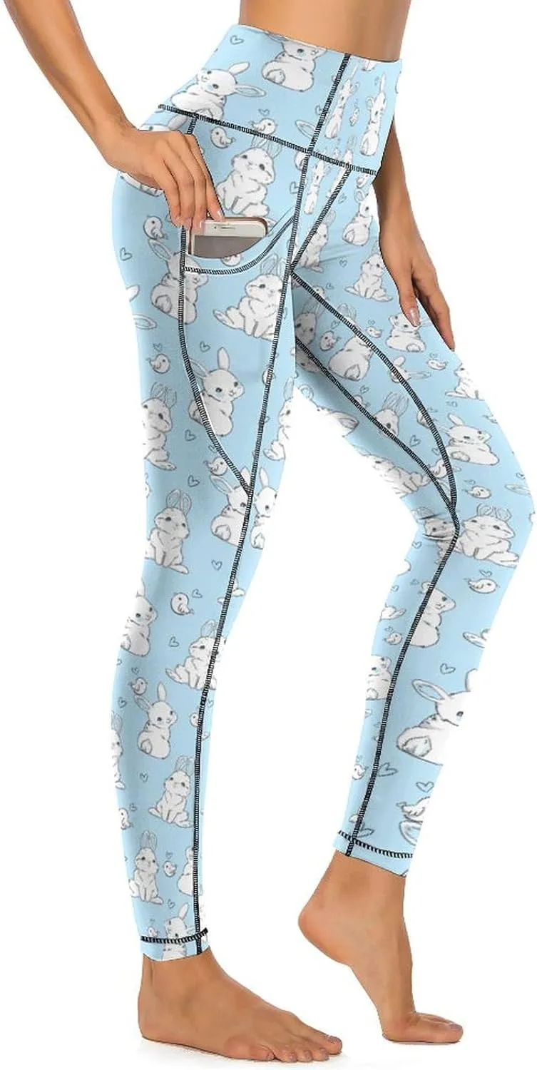 Cute Birds Floral Yoga Pants Women Tummy Control Workout Leggings with Pockets Stretchy High Waist Work Casual Pants