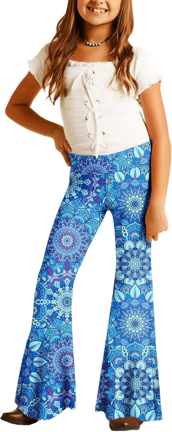 Deerose Girls Bell Bottom Floral Print Stretch Hippie Pants High Waist Flare Pants 5-14 Year