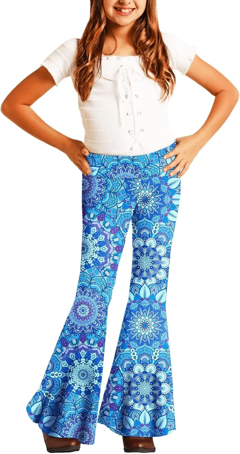 Deerose Girls Bell Bottom Floral Print Stretch Hippie Pants High Waist Flare Pants 5-14 Year