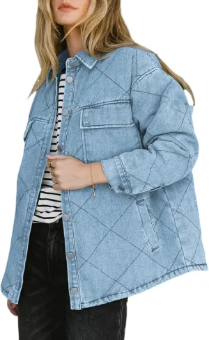 Dokotoo Denim Jacket for Women Fashion Solid Oversized Long Sleeve Button Down Shacket Jacket Coat with Pockets