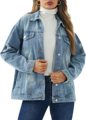DvaeMalligo Women's Oversized Denim Jacket Casual Long Sleeve Button Down Distressed Trucker Jean Jackets with Pockets