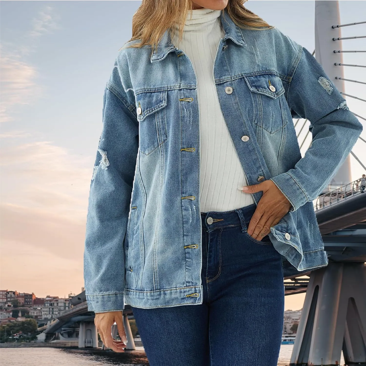 DvaeMalligo Women's Oversized Denim Jacket Casual Long Sleeve Button Down Distressed Trucker Jean Jackets with Pockets