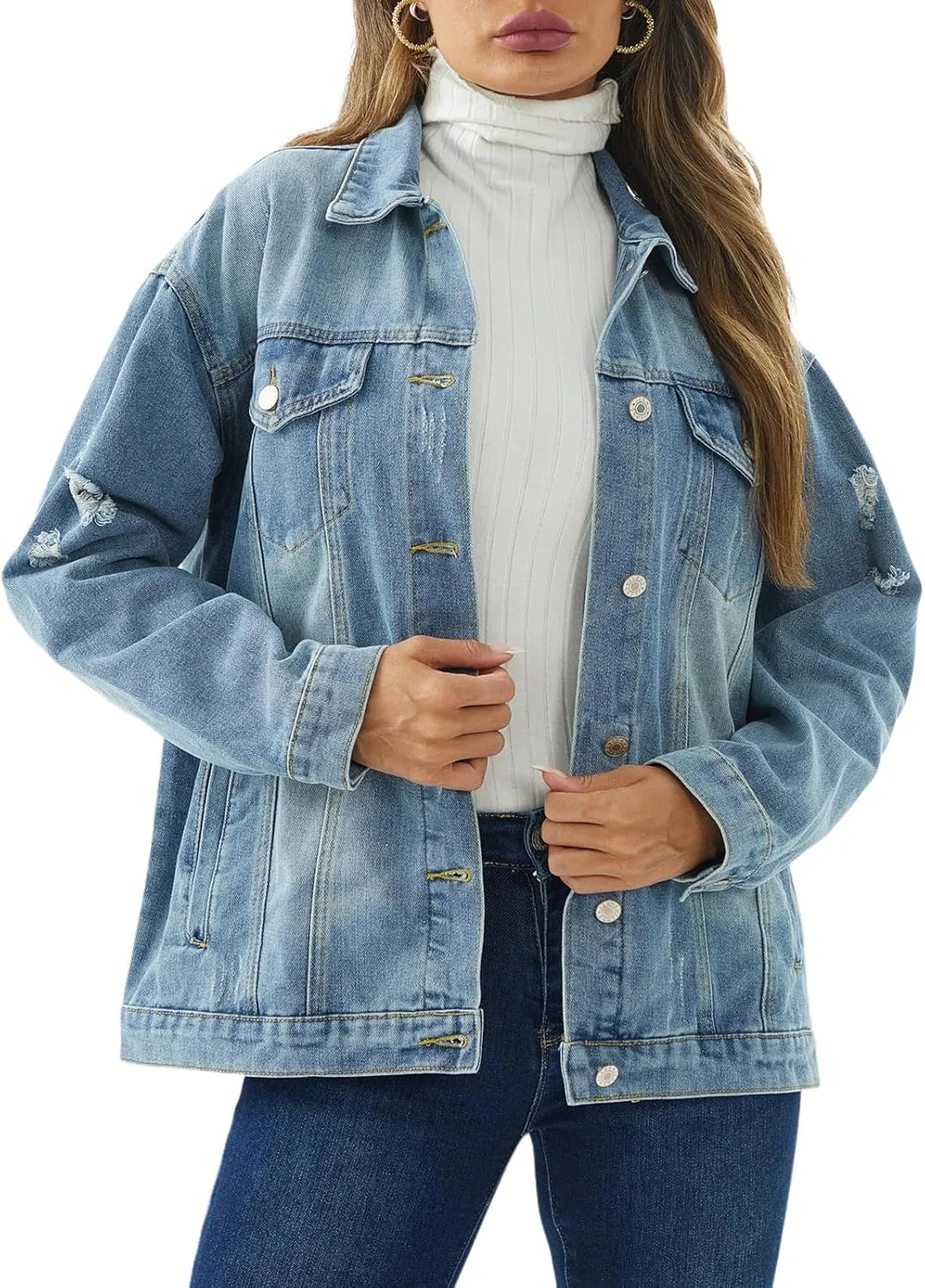 DvaeMalligo Women's Oversized Denim Jacket Casual Long Sleeve Button Down Distressed Trucker Jean Jackets with Pockets