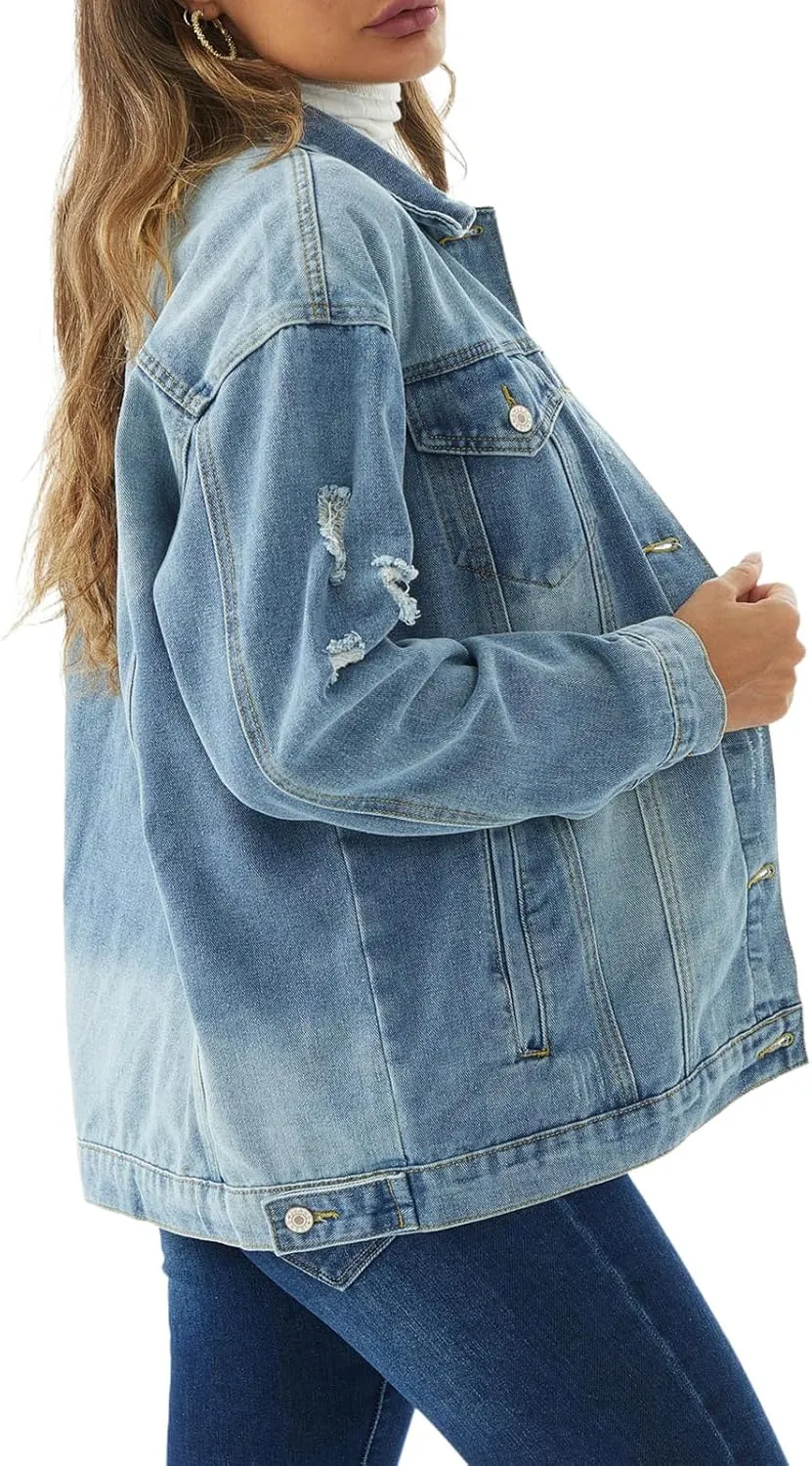 DvaeMalligo Women's Oversized Denim Jacket Casual Long Sleeve Button Down Distressed Trucker Jean Jackets with Pockets