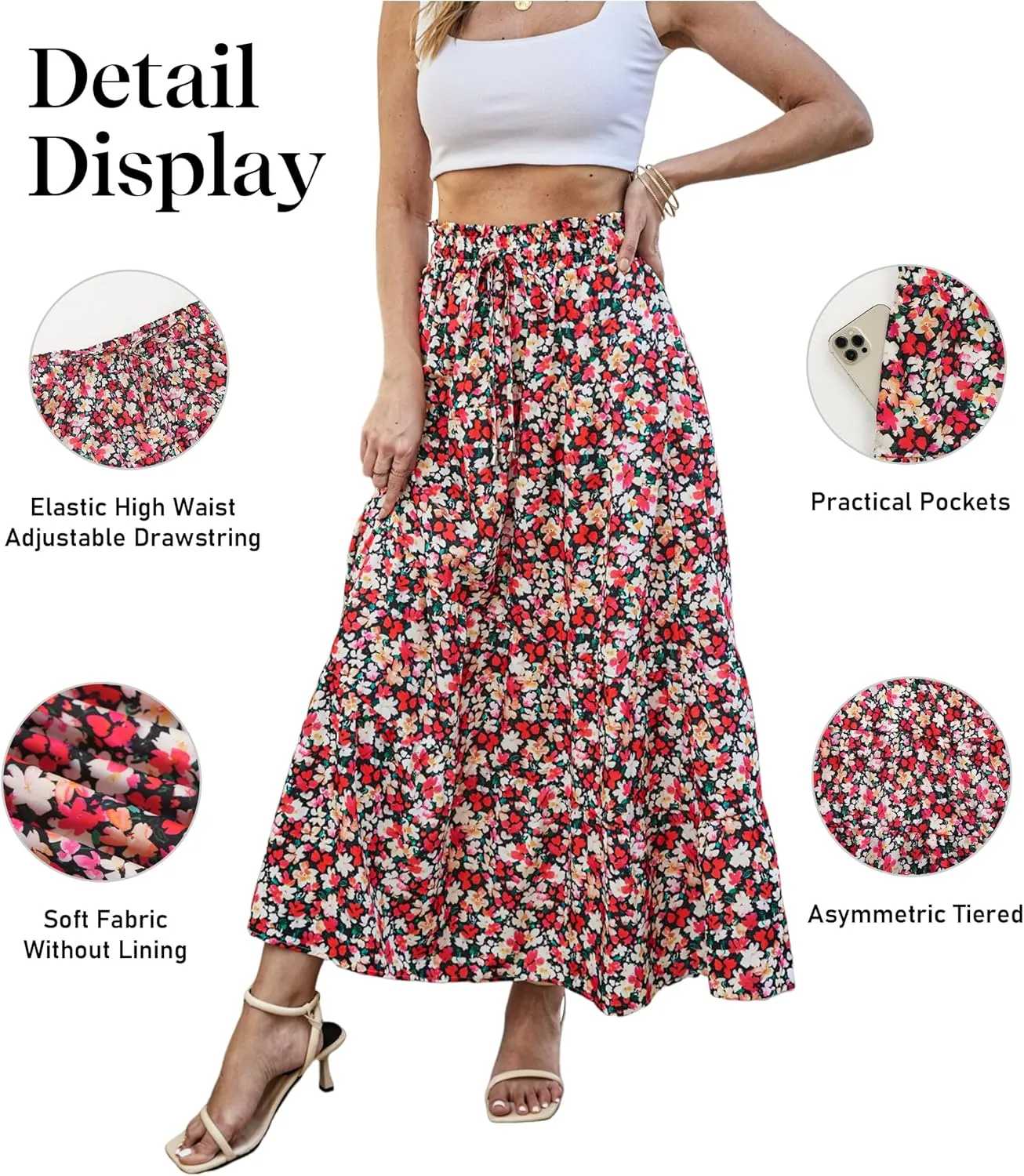 ECOWISH Women Boho Maxi Skirt: Summer Asymmetric Tiered Drawstring Elastic High Waist A-Line Flowy Long Skirts with Pockets