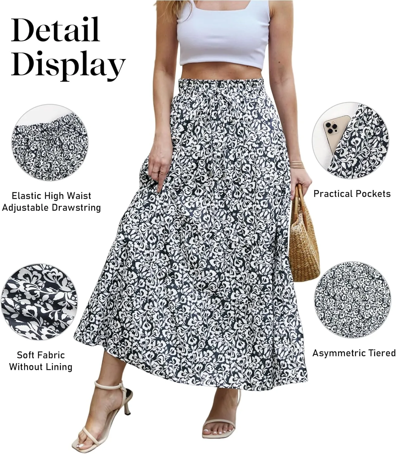 ECOWISH Women Boho Maxi Skirt: Summer Asymmetric Tiered Drawstring Elastic High Waist A-Line Flowy Long Skirts with Pockets