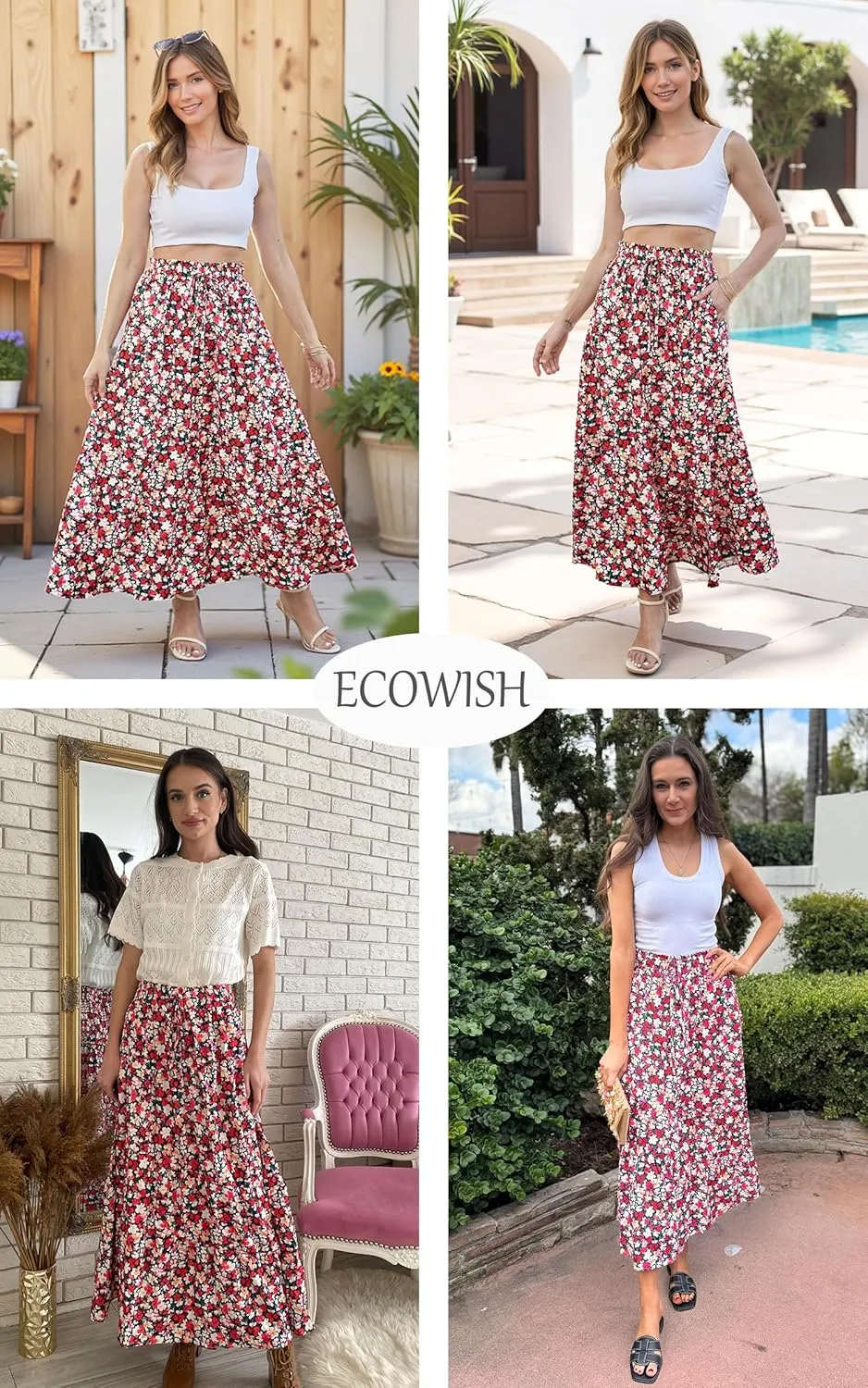 ECOWISH Women Boho Maxi Skirt: Summer Asymmetric Tiered Drawstring Elastic High Waist A-Line Flowy Long Skirts with Pockets