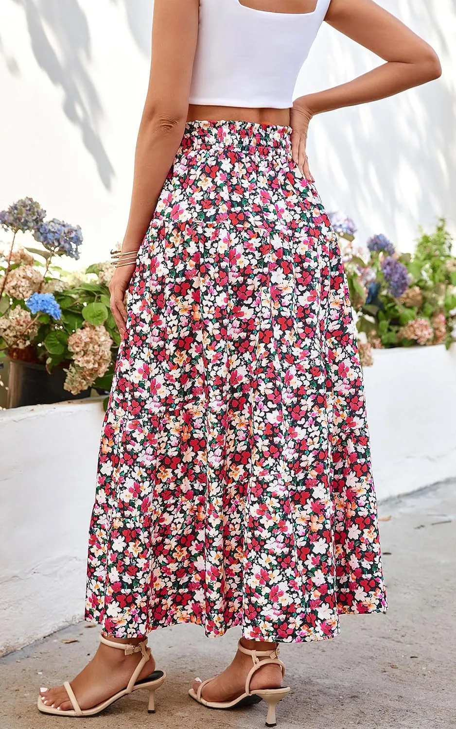 ECOWISH Women Boho Maxi Skirt: Summer Asymmetric Tiered Drawstring Elastic High Waist A-Line Flowy Long Skirts with Pockets