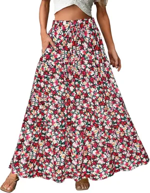 ECOWISH Women Boho Maxi Skirt: Summer Asymmetric Tiered Drawstring Elastic High Waist A-Line Flowy Long Skirts with Pockets