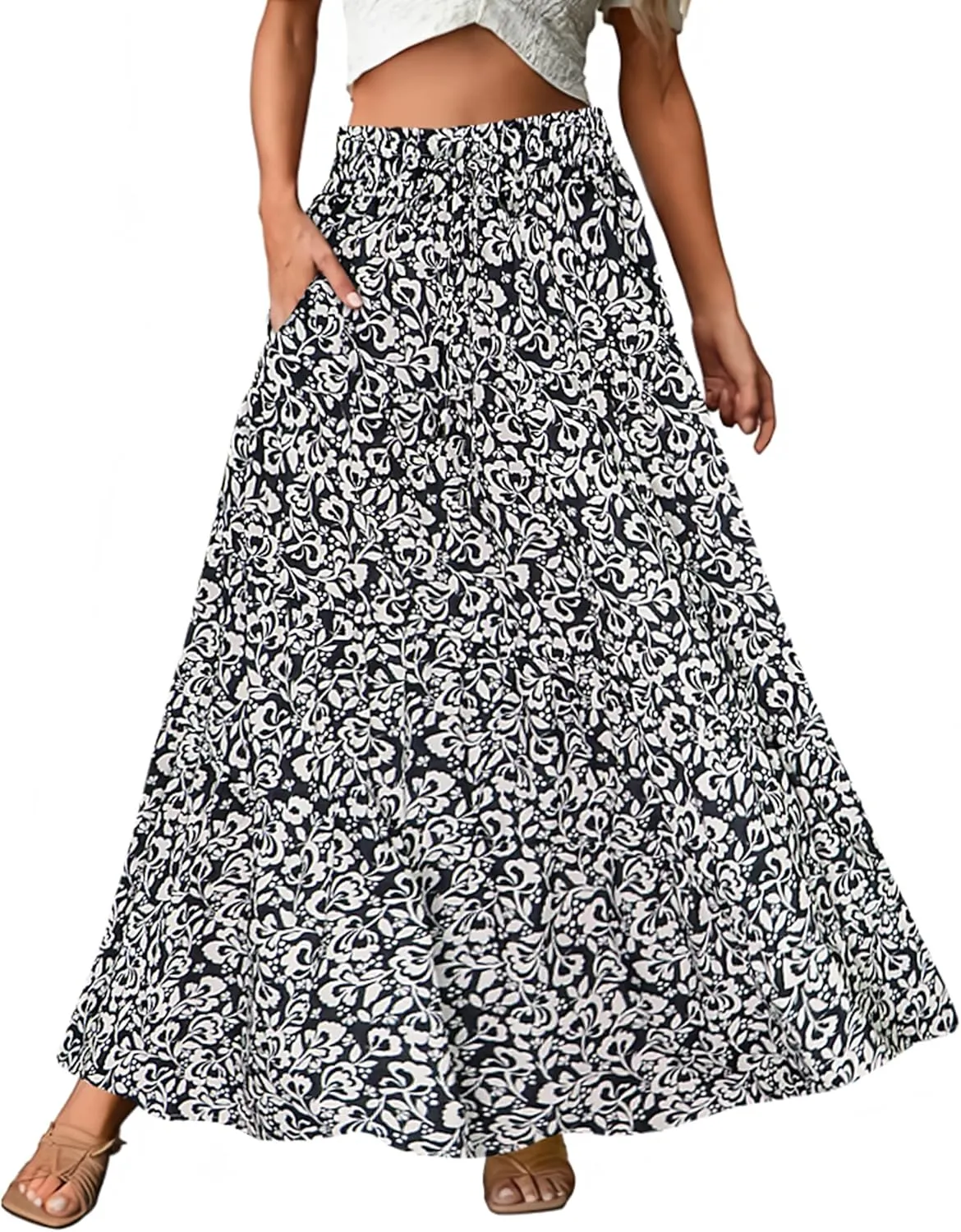 ECOWISH Women Boho Maxi Skirt: Summer Asymmetric Tiered Drawstring Elastic High Waist A-Line Flowy Long Skirts with Pockets