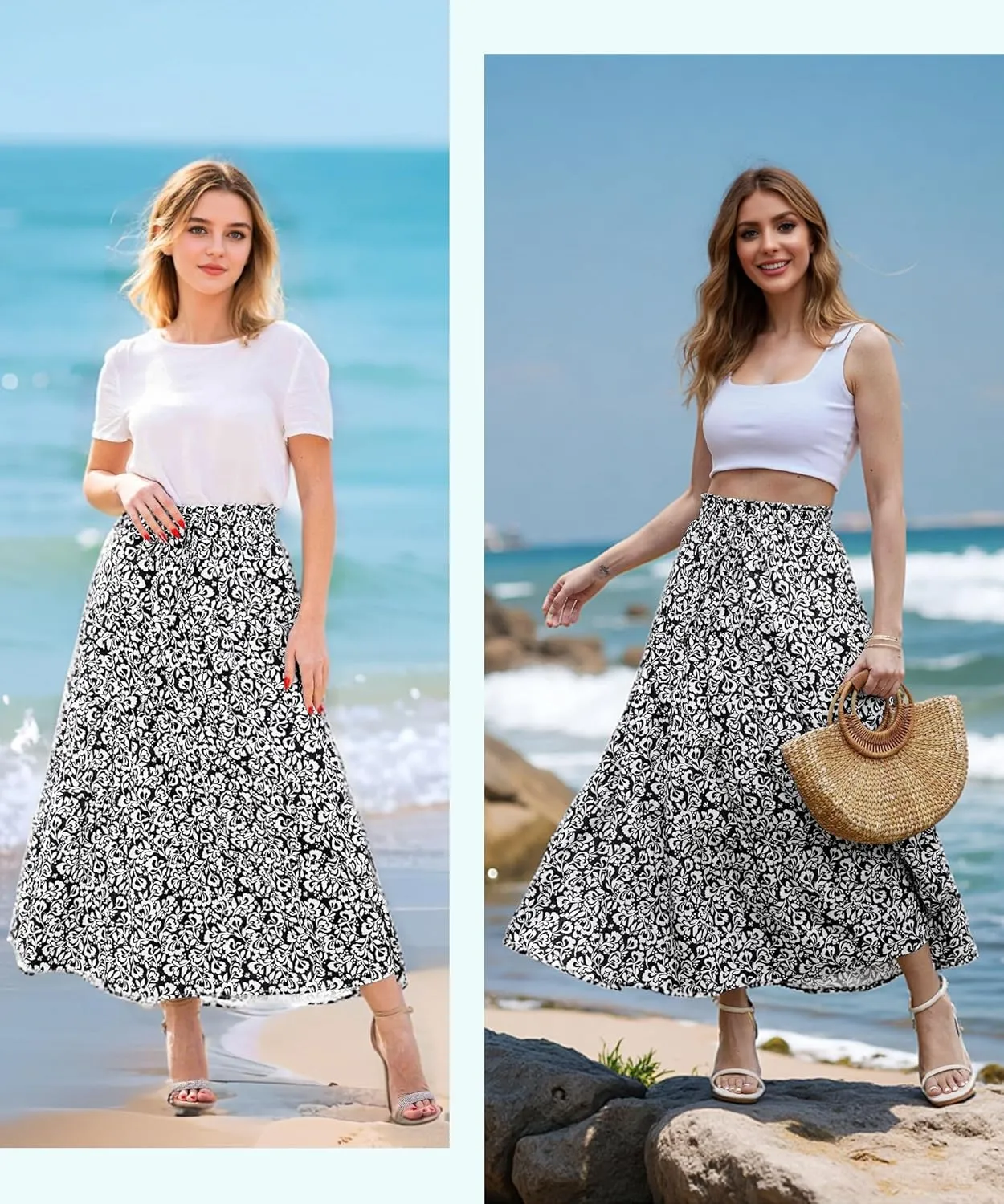 ECOWISH Women Boho Maxi Skirt: Summer Asymmetric Tiered Drawstring Elastic High Waist A-Line Flowy Long Skirts with Pockets