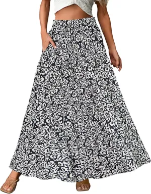 ECOWISH Women Boho Maxi Skirt: Summer Asymmetric Tiered Drawstring Elastic High Waist A-Line Flowy Long Skirts with Pockets
