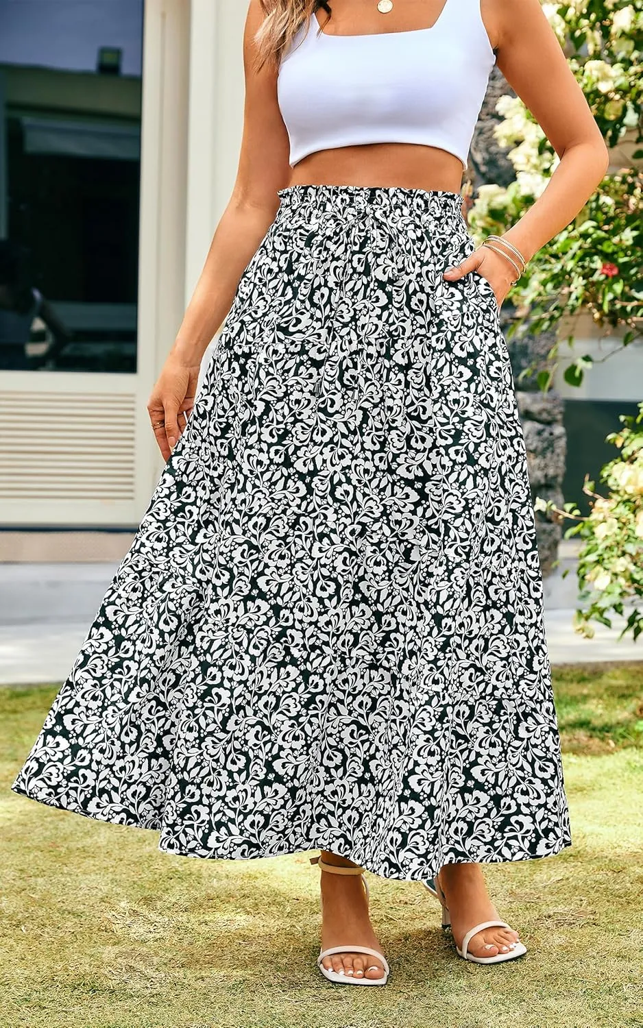 ECOWISH Women Boho Maxi Skirt: Summer Asymmetric Tiered Drawstring Elastic High Waist A-Line Flowy Long Skirts with Pockets