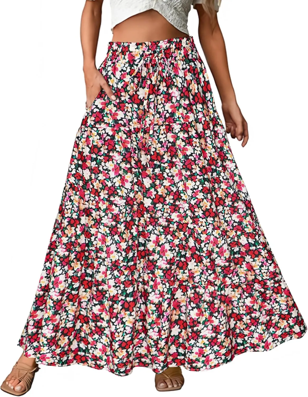 ECOWISH Women Boho Maxi Skirt: Summer Asymmetric Tiered Drawstring Elastic High Waist A-Line Flowy Long Skirts with Pockets