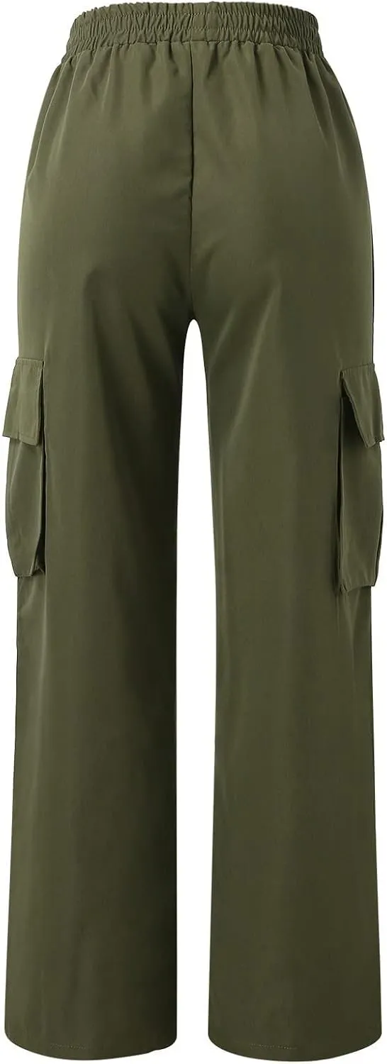 eoeioa Womens Elastic High Waist Cargo Pants Leightweight Baggy Parachute Pants Y2k Wide Leg Straight Hiking Pants w/Pockets