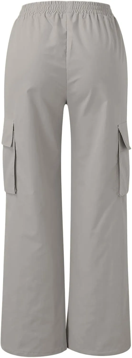 eoeioa Womens Elastic High Waist Cargo Pants Leightweight Baggy Parachute Pants Y2k Wide Leg Straight Hiking Pants w/Pockets