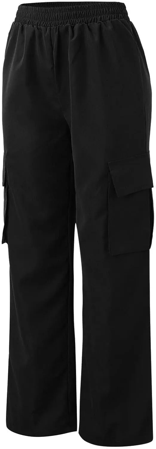 eoeioa Womens Elastic High Waist Cargo Pants Leightweight Baggy Parachute Pants Y2k Wide Leg Straight Hiking Pants w/Pockets