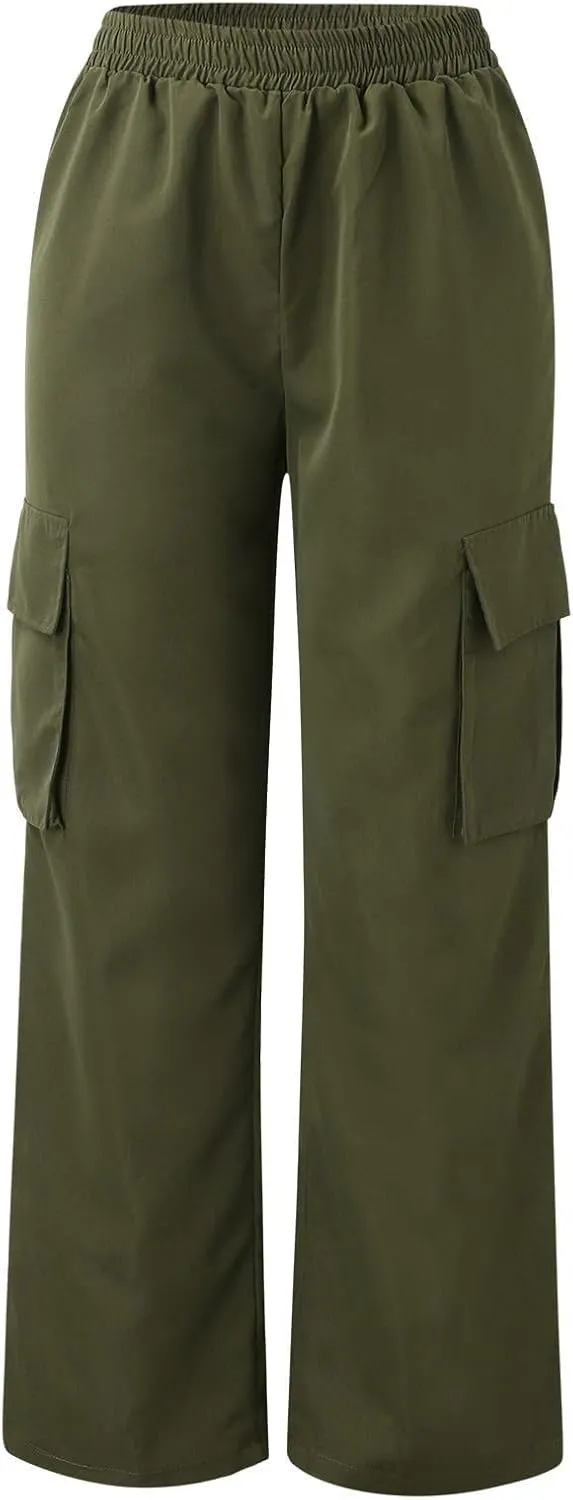 eoeioa Womens Elastic High Waist Cargo Pants Leightweight Baggy Parachute Pants Y2k Wide Leg Straight Hiking Pants w/Pockets