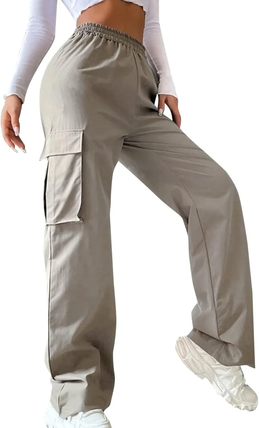 eoeioa Womens Elastic High Waist Cargo Pants Leightweight Baggy Parachute Pants Y2k Wide Leg Straight Hiking Pants w/Pockets