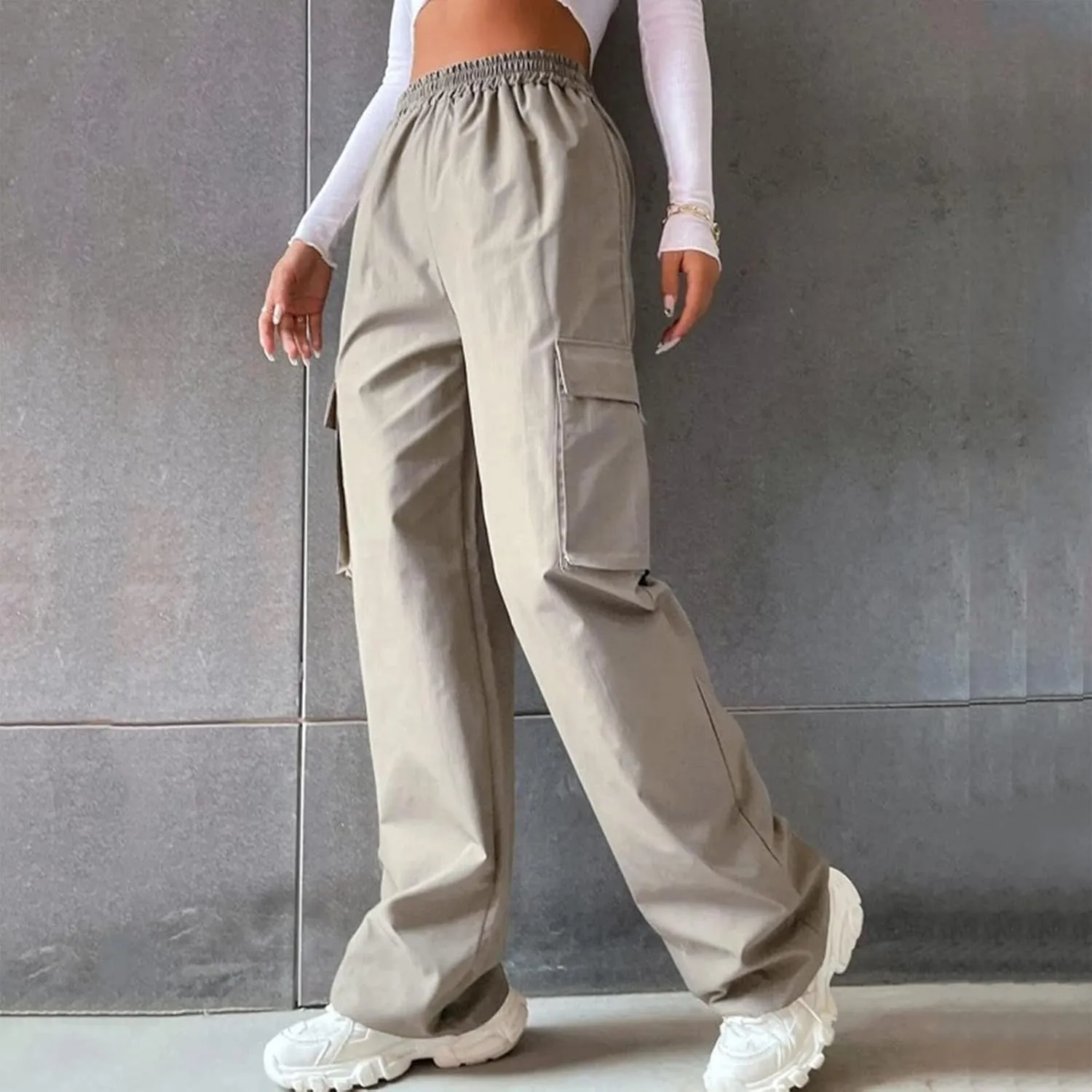 eoeioa Womens Elastic High Waist Cargo Pants Leightweight Baggy Parachute Pants Y2k Wide Leg Straight Hiking Pants w/Pockets