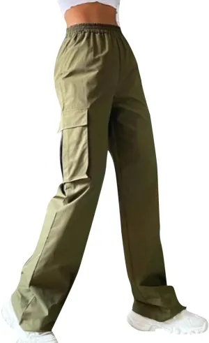 eoeioa Womens Elastic High Waist Cargo Pants Leightweight Baggy Parachute Pants Y2k Wide Leg Straight Hiking Pants w/Pockets