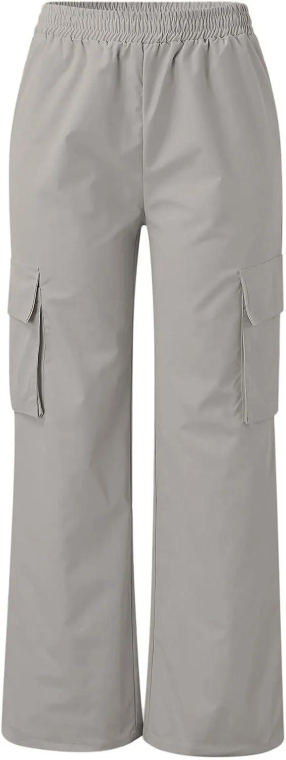 eoeioa Womens Elastic High Waist Cargo Pants Leightweight Baggy Parachute Pants Y2k Wide Leg Straight Hiking Pants w/Pockets