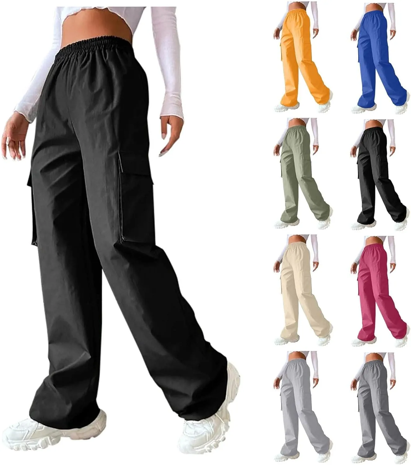eoeioa Womens Elastic High Waist Cargo Pants Leightweight Baggy Parachute Pants Y2k Wide Leg Straight Hiking Pants w/Pockets
