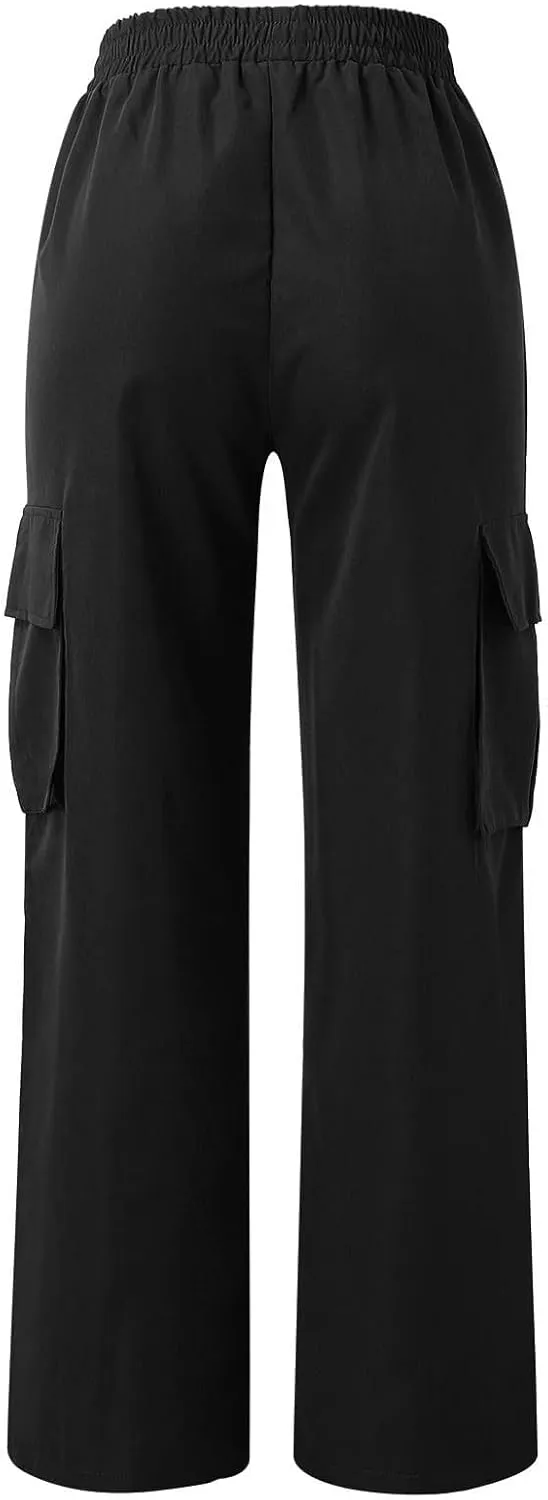 eoeioa Womens Elastic High Waist Cargo Pants Leightweight Baggy Parachute Pants Y2k Wide Leg Straight Hiking Pants w/Pockets