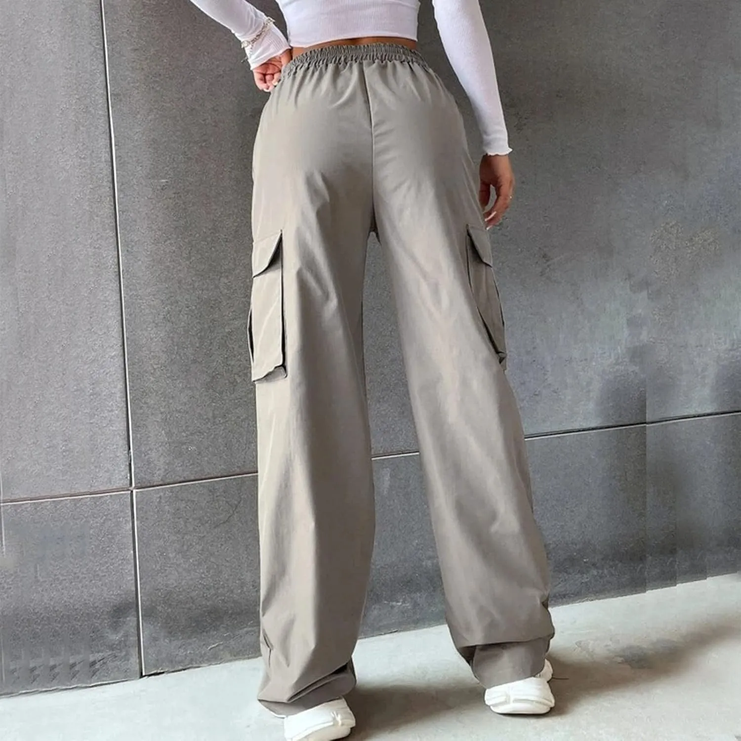 eoeioa Womens Elastic High Waist Cargo Pants Leightweight Baggy Parachute Pants Y2k Wide Leg Straight Hiking Pants w/Pockets