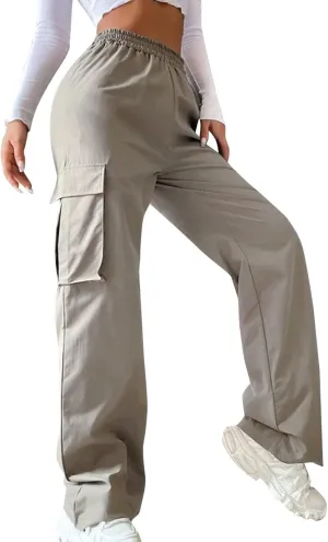 eoeioa Womens Elastic High Waist Cargo Pants Leightweight Baggy Parachute Pants Y2k Wide Leg Straight Hiking Pants w/Pockets