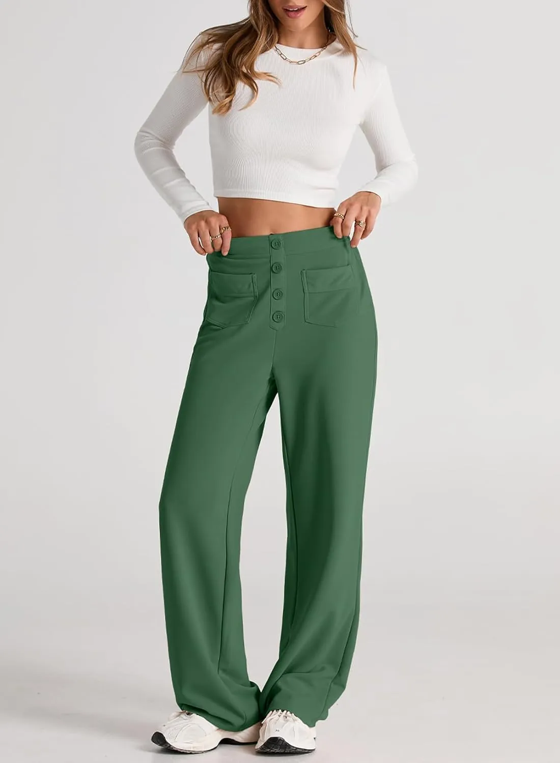 EVALESS Women's Spring 2025 Dress Pants High Waist Straight Leg Pants Button Down Bottoms Work Pants Trousers with Pockets