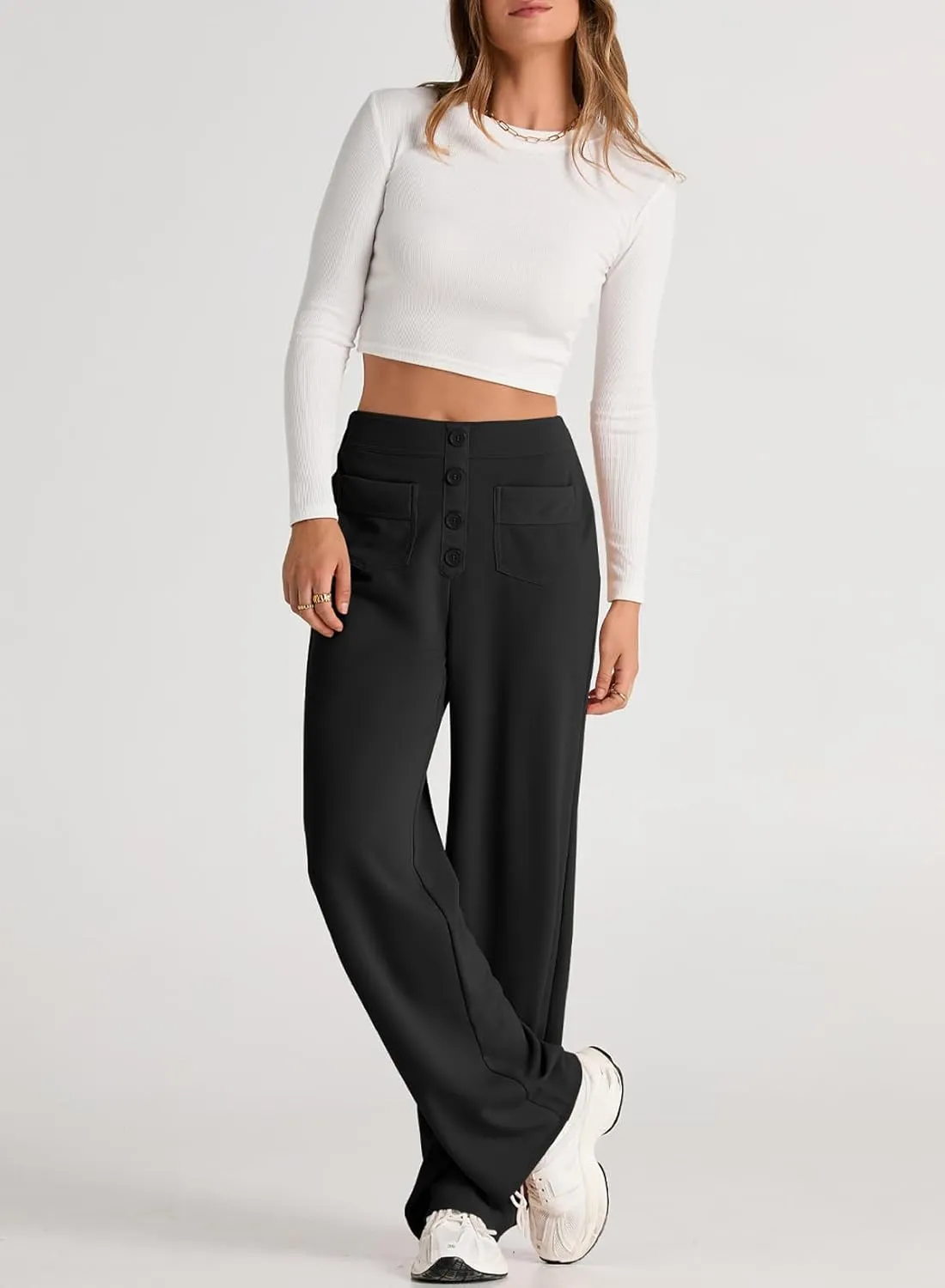 EVALESS Women's Spring 2025 Dress Pants High Waist Straight Leg Pants Button Down Bottoms Work Pants Trousers with Pockets