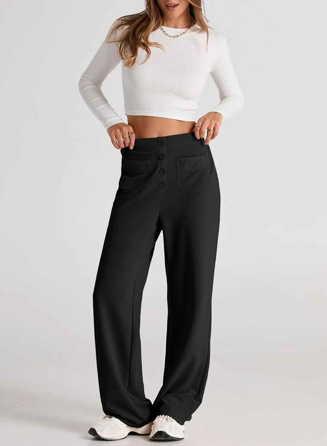 EVALESS Women's Spring 2025 Dress Pants High Waist Straight Leg Pants Button Down Bottoms Work Pants Trousers with Pockets