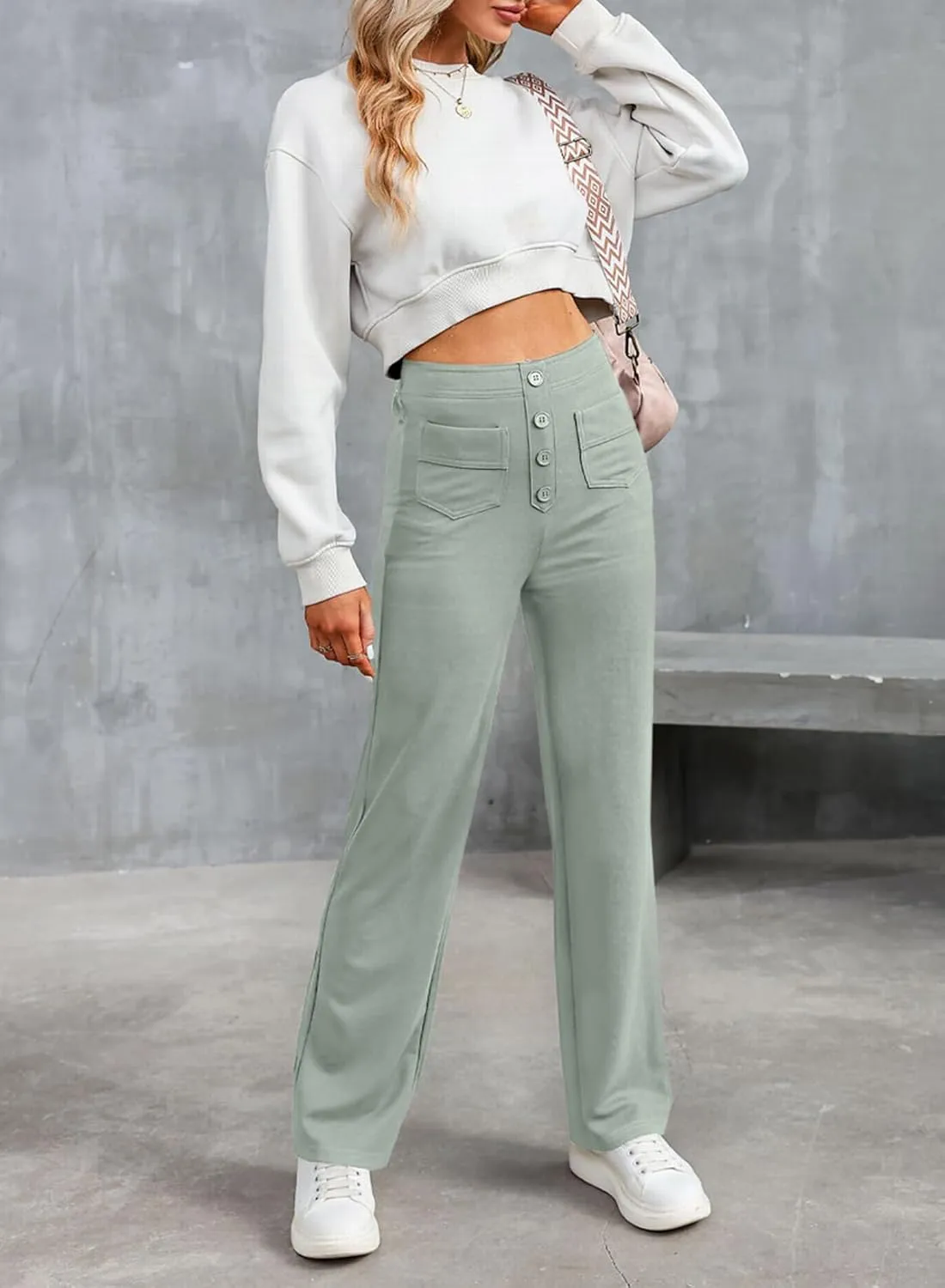 EVALESS Women's Spring 2025 Dress Pants High Waist Straight Leg Pants Button Down Bottoms Work Pants Trousers with Pockets