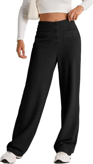 EVALESS Women's Spring 2025 Dress Pants High Waist Straight Leg Pants Button Down Bottoms Work Pants Trousers with Pockets