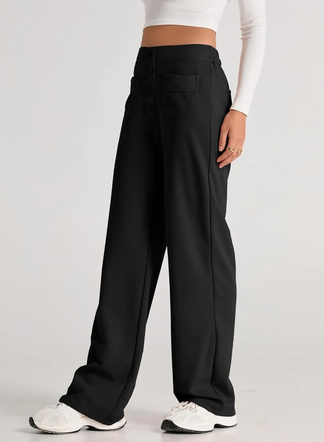 EVALESS Women's Spring 2025 Dress Pants High Waist Straight Leg Pants Button Down Bottoms Work Pants Trousers with Pockets
