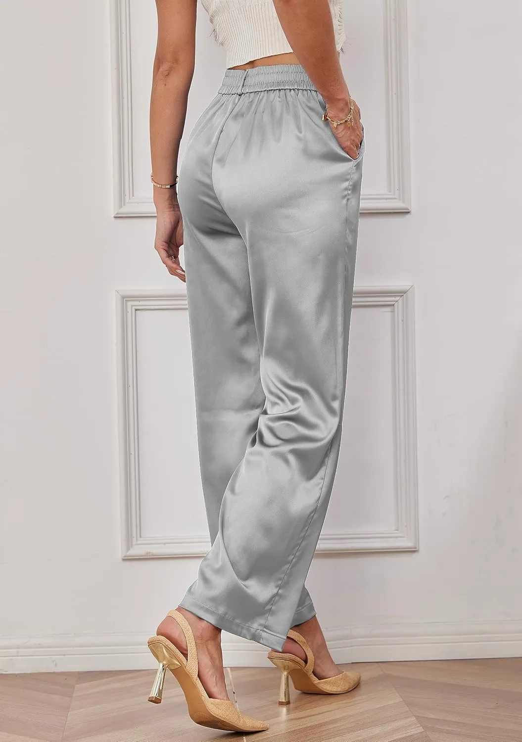 Fakanhui Women's Satin Wide Leg Pant Party Dress Casual Sparkle High Waisted Long Pants Clubwear