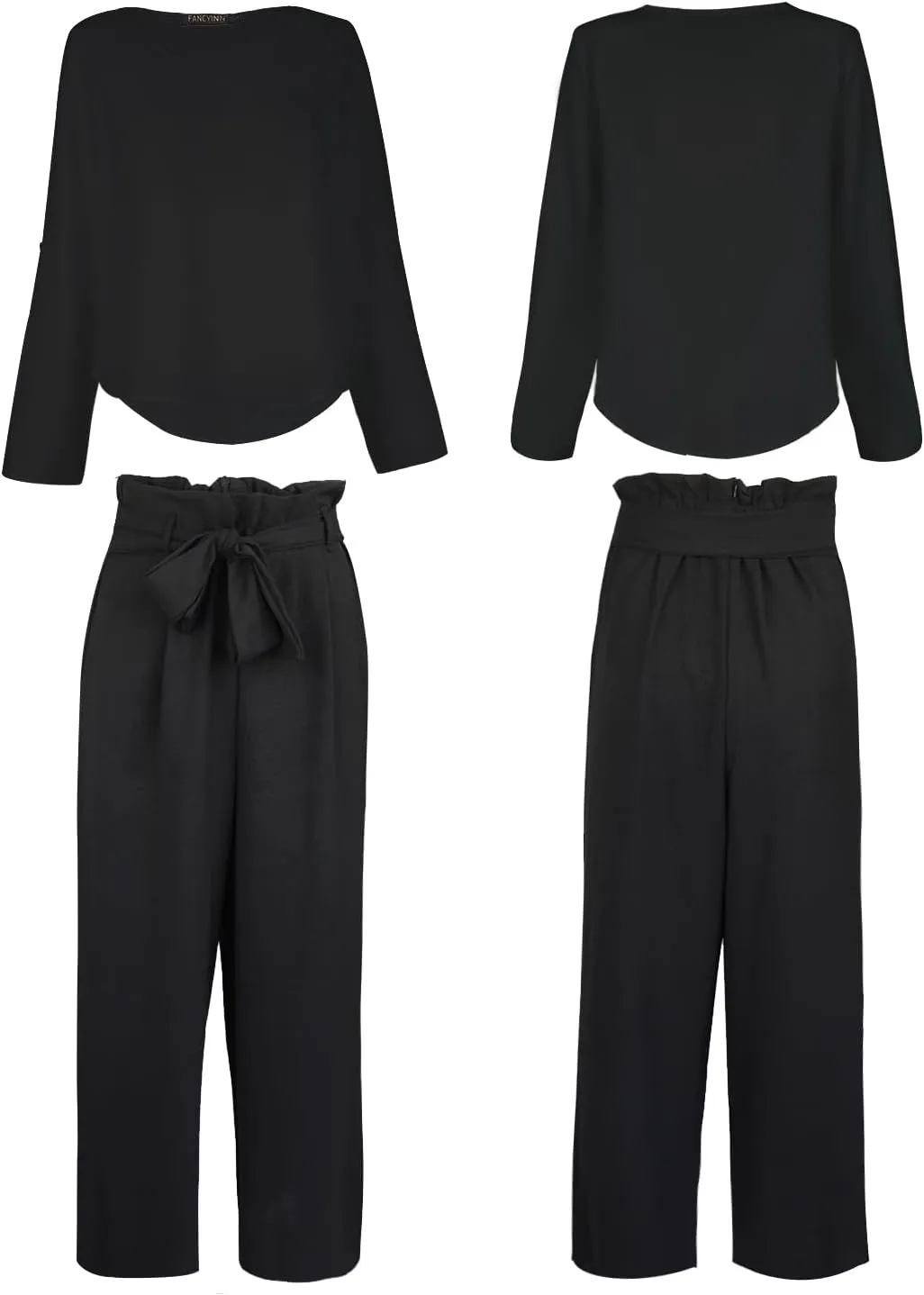 FANCYINN Womens 2 Piece Outfit Set V Neck Long Sleeves Tops High Waisted Paper Bag Pants with Belt