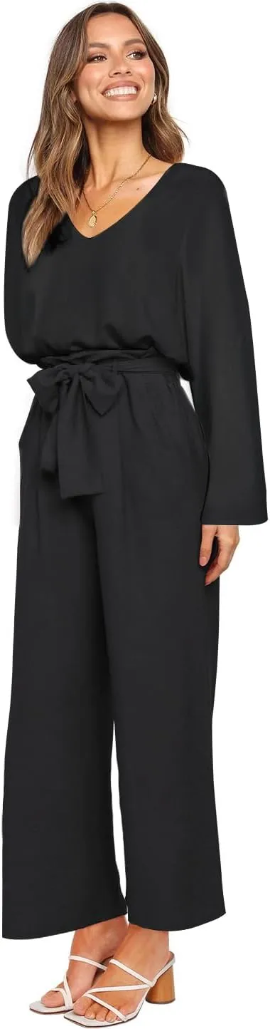 FANCYINN Womens 2 Piece Outfit Set V Neck Long Sleeves Tops High Waisted Paper Bag Pants with Belt