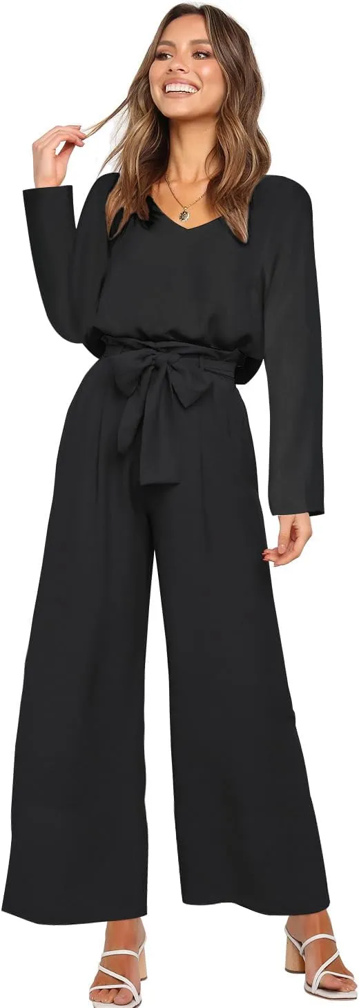 FANCYINN Womens 2 Piece Outfit Set V Neck Long Sleeves Tops High Waisted Paper Bag Pants with Belt