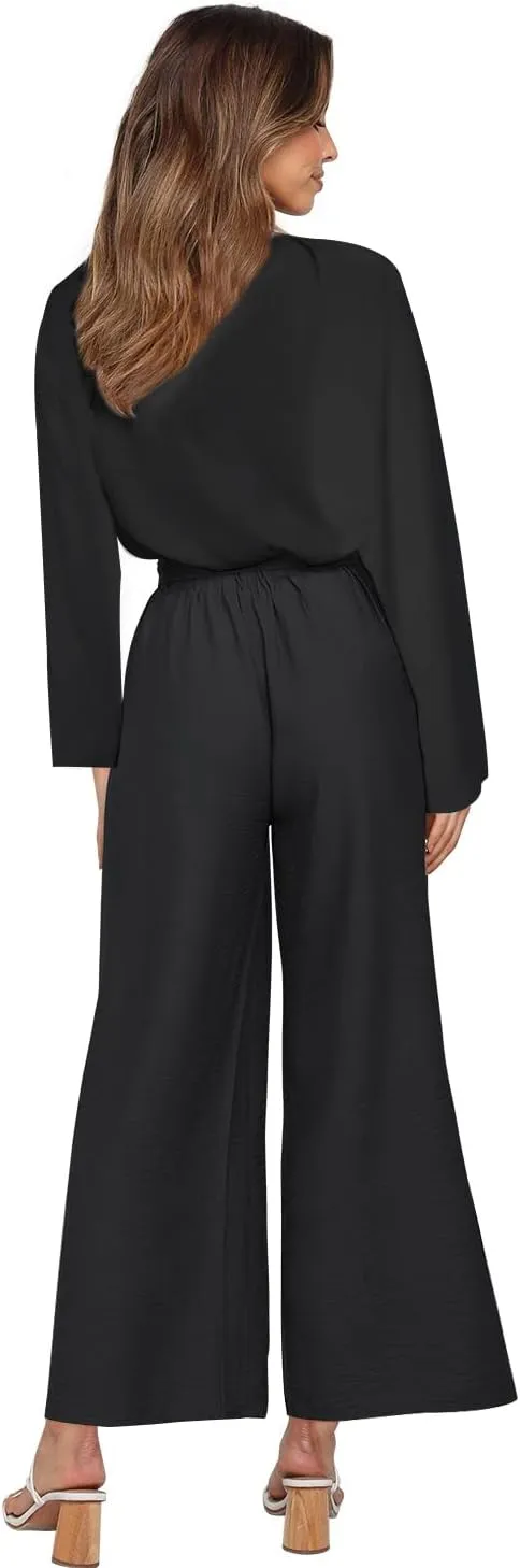 FANCYINN Womens 2 Piece Outfit Set V Neck Long Sleeves Tops High Waisted Paper Bag Pants with Belt