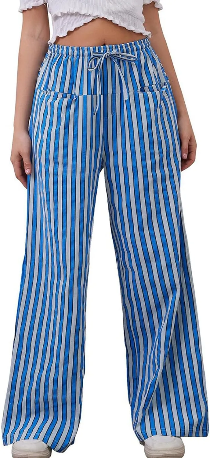 fanmpghleoo Drawstring Striped Pants Women Low Rise Wide Leg Pants Comfy Lounge Pants with Pockets Straight Leg Trousers