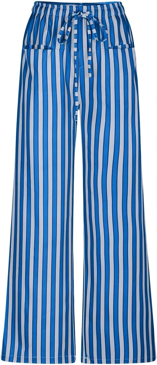 fanmpghleoo Drawstring Striped Pants Women Low Rise Wide Leg Pants Comfy Lounge Pants with Pockets Straight Leg Trousers